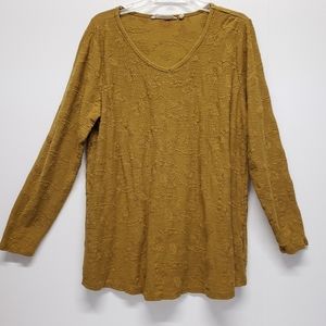 Soft Surroundings Textured V-Neck Long Sleeve Top Size Large Mustard Cotton